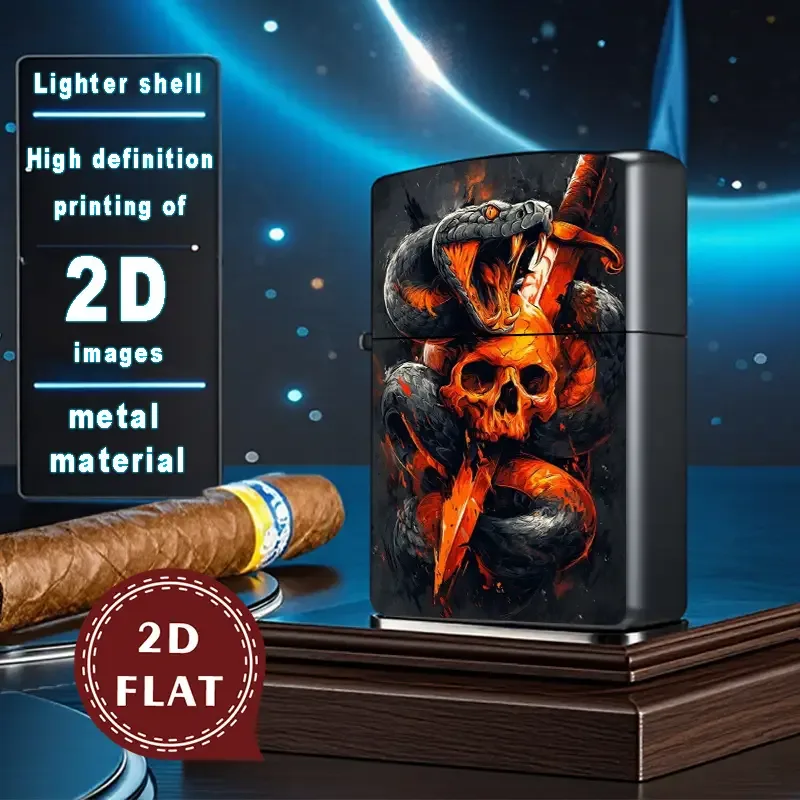 2D Flat Fiery Snake with Skull Art Retro Lighter Shell