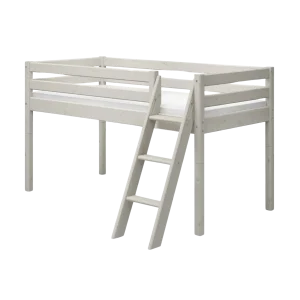 High Bed 120 cm with Slanting Ladder and Safety Rail, 90x200 cm, CLASSIC White Washed